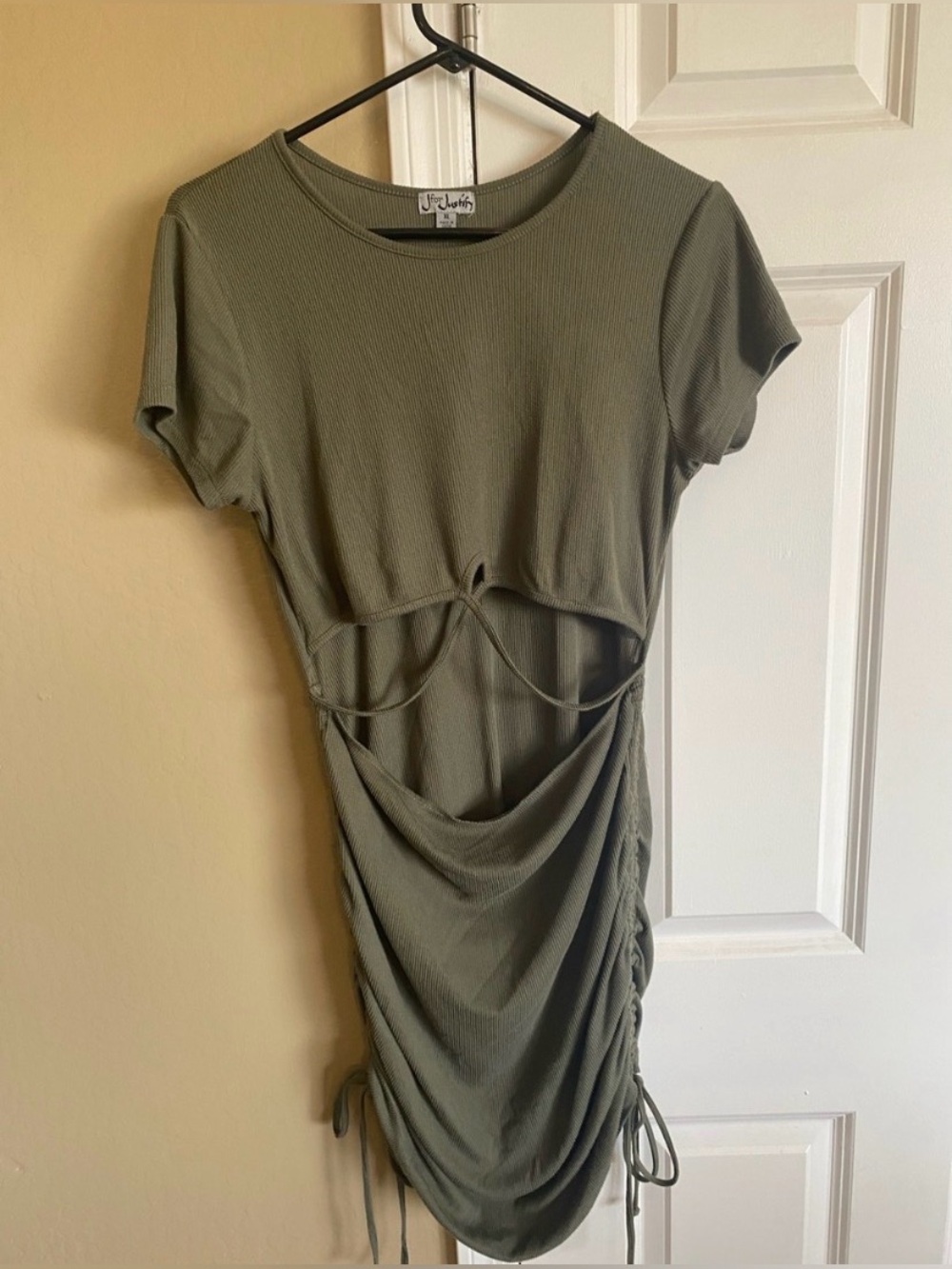 J Is For Justin Olive Green Ribbed Cutout Ruched Bodycon Mini Dress XL